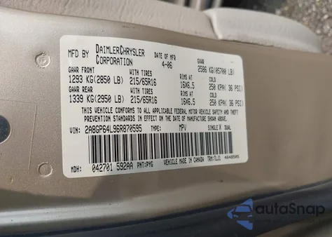 2006 Chrysler Town & Country Limited из США, поврежденный, VIN 2A8GP64L96R870595